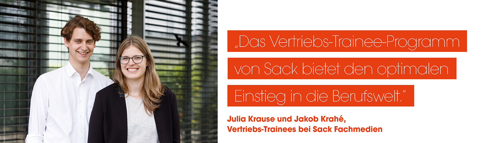 Julia Krause und Jakob Krahé, zwei ehemalige Vertriebstrainees bei Sack Fachmedien